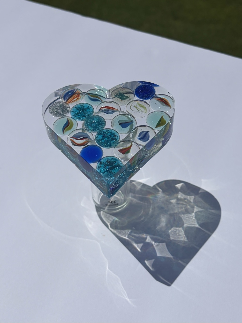 Handmade Marble & Resin Heart Art | One of a Kind Blue Glass Decor
